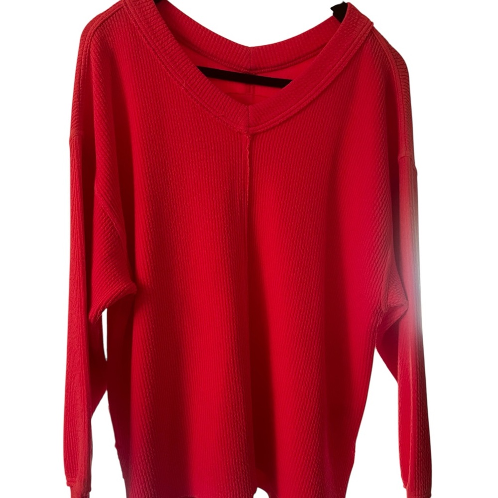 Aerie Bold Neon Pink Ribbed Sweater, aerie pullover, loungewear, sweatshirt - Picture 3 of 4